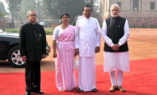 The President, Pranab Mukherjee, the PM, Narendra Modi with the President of the Democratic Socialist Republic of Sri Lanka, Maithripala Sirisena