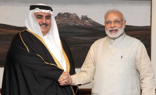 The Prime Minister, Narendra Modi meeting the Foreign Minister of Bahrain, Shaikh Khalid Bin Mohamed Al Khalifa, in New Delhi on February 23, 2015.