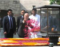 The President of the Islamic Republic of Afghanistan, Dr. Mohammad Ashraf Ghani paying floral tributes at the Samadhi of Mahatma Gandhi