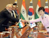 The Prime Minister, Narendra Modi and the President of Republic of Korea, Park Geun-hye, at the delegation