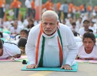 The Prime Minister, Narendra Modi participates in the mass yoga demonstration at Rajpath on the occasion of International Yoga Day