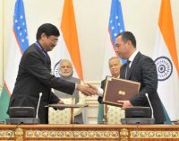 The Prime Minister, Narendra Modi and the President of Uzbekistan, Islam Karimov witnessing the signing of agreements,