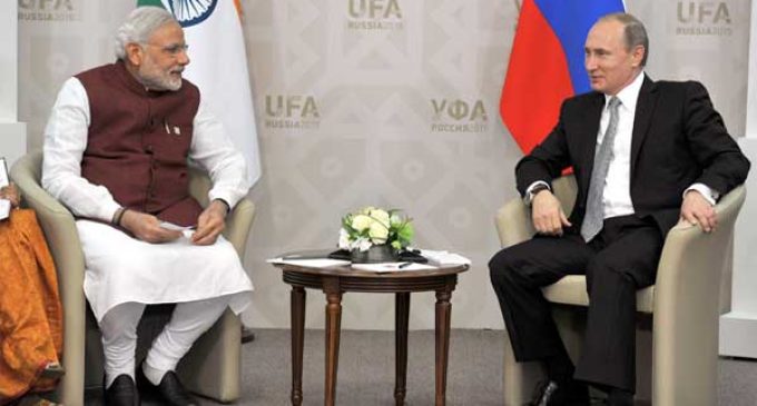 The Prime Minister, Narendra Modi in bilateral meeting with the President of Russian Federation, Vladimir Putin,