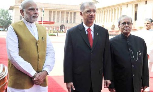 President of the Republic of Seychelles, James Alix Michel with the President, Pranab Mukherjee and the Prime Minister, Narendra Modi