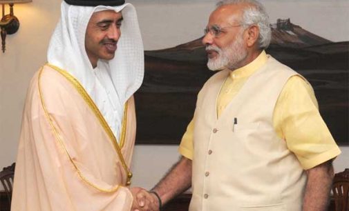The Foreign Minister of UAE, Sheikh Abdullah Bin Zayed Al Nahyan calling on the Prime Minister, Narendra Modi, in New Delhi.