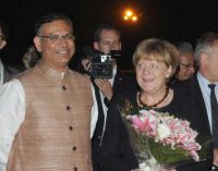 German Chancellor, Angela Merkel being received by the MoS for Finance, Jayant Sinha
