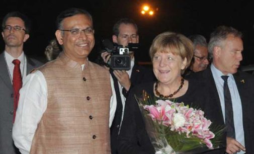 German Chancellor, Angela Merkel being received by the MoS for Finance, Jayant Sinha