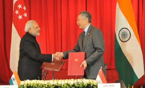 Prime Minister, Narendra Modi and the Prime Minister of Singapore, Lee Hsien Loong, during the signing ceremony, in Istana, Singapore