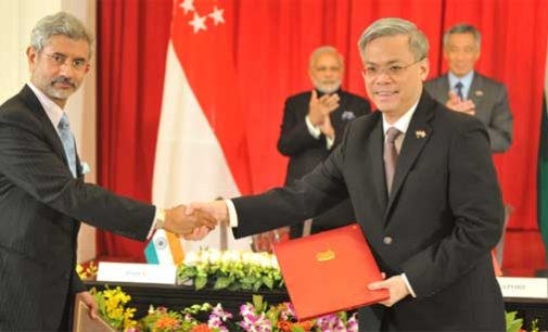 Prime Minister, Narendra Modi and the Prime Minister of Singapore, Lee Hsien Loong, during the signing ceremony, in Istana, Singapore.
