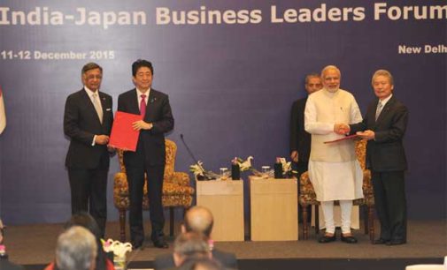 Prime Minister, Narendra Modi and the Prime Minister of Japan, Shinzo Abe at the India-Japan Business Leaders Forum