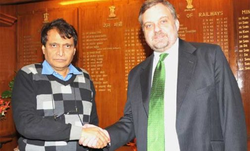 Ambassador of Spain to India, Gustavo De Aristegui meeting the Union Minister for Railways, Suresh Prabhakar Prabhu, in New Delhi