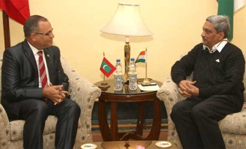 Minister of Defence, Maldives, Adam Shareef meeting the Union Minister for Defence, Manohar Parrikar, in New Delhi on January 19, 2016.