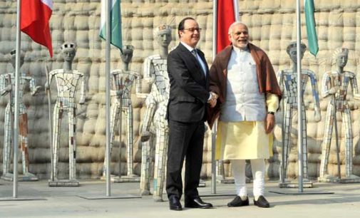 Prime Minister, Narendra Modi with the President of France, Francois Hollande, at Nek Chand Rock Garden, in Chandigarh on January 24, 2016.