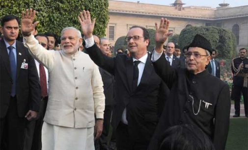 President, Pranab Mukherjee, the Prime Minister, Narendra Modi and the Chief Guest of Republic Day, President of France, Francois Hollande