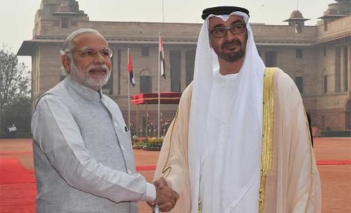 Crown Prince of Abu Dhabi, His Highness Sheikh Mohammed Bin Zayed Al Nahyan being welcomed by the Prime Minister, Narendra Modi