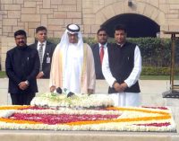 Prime Minister, Narendra Modi receiving the Crown Prince of Abu Dhabi paying homage at the Samadhi of Mahatma Gandhi,