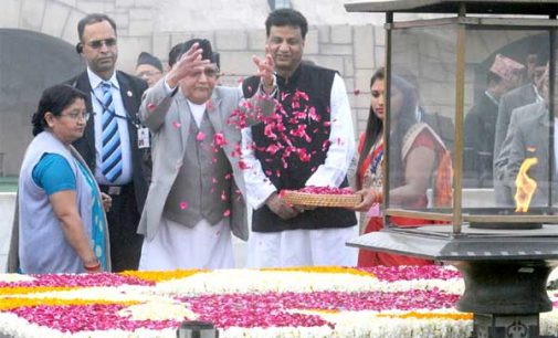 Prime Minister of Nepal, K.P. Sharma Oli paying floral tributes at the Samadhi of Mahatma Gandhi, at Rajghat,