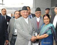 Prime Minister of Nepal, K.P. Sharma Oli being received by the Minister for External Affairs, Sushma Swaraj
