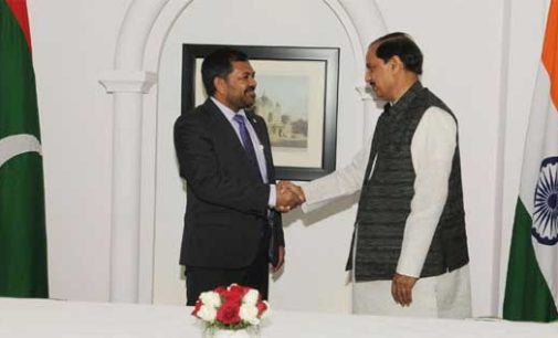 Minister of Tourism, Republic of Maldives, Moosa Zameer meeting the Minister of State for Culture (IC), Tourism (IC) and Civil Aviation, Dr. Mahesh Sharma, in New Delhi