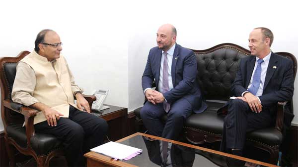  The Deputy Prime Minister and Minister for Economy, Luxembourg, Etienne Schneider meeting the Union Minister for Finance, Corporate Affairs and Information & Broadcasting, Arun Jaitley, in New Delhi.