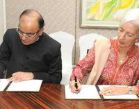 Minister for Finance, Corporate Affairs and I&B, Arun Jaitley and the Managing Director, International Monetary Fund (IMF), Christine Lagarde