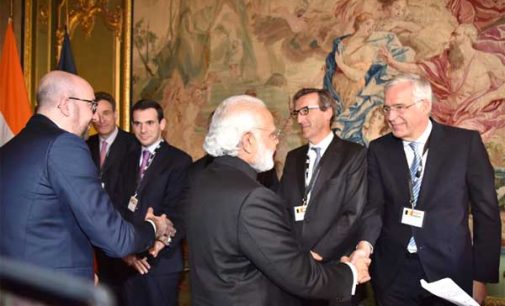 Prime Minister, Narendra Modi along with the Prime Minister of Belgium, Charles Michel meeting the CEOs