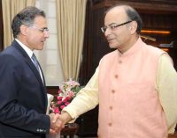High Commissioner of Cyprus to India, Demetrios A. Theophylactou calling on the Minister for Finance, Corporate Affairs and I&B, Arun Jaitley