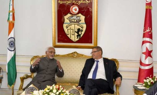 Vice President, M. Hamid Ansari with the Prime Minister of Tunisia, Habib Essid on his arrival, in Tunisia.