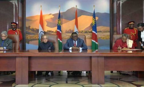 President of India, Pranab Mukherjee, along with Dr Hage G Geingob, President of the Republic of Namibia participating the signing of agreements