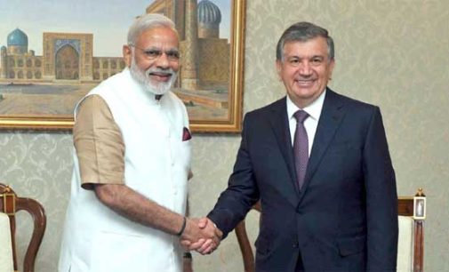 Prime Minister, Narendra Modi in a brief meeting with the Prime Minister of Uzbekistan, Shavkat Mirziyoev,