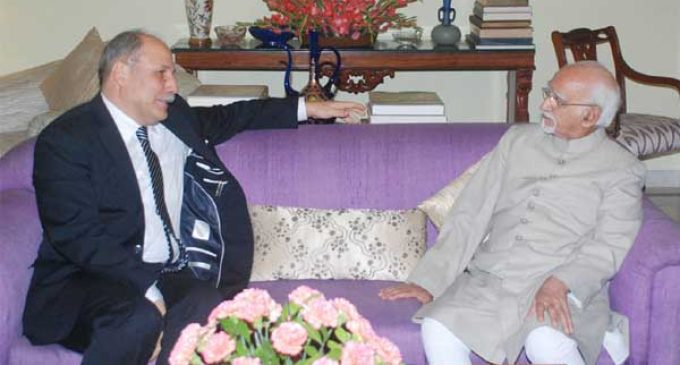The Ambassador of Tunisia to India, Tarek Azouz calling on the Vice President, M. Hamid Ansari, in New Delhi