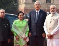 President of Myanmar, Htin Kyaw being received by the President, Pranab Mukherjee and the Prime Minister, Narendra Modi,