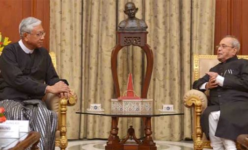 President of Myanmar, Htin Kyaw calling on the President, Pranab Mukherjee, at Rashtrapati Bhavan,