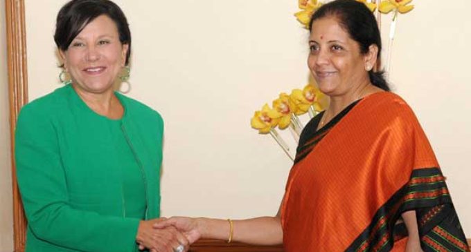 United States Secretary of Commerce, Penny Pritzker meeting the MoS for Commerce & Industry (IC), Nirmala Sitharaman