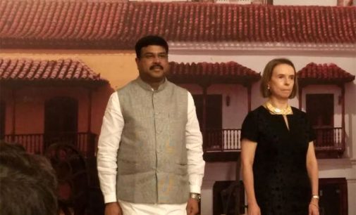 Minister of State for Petroleum & Natural Gas, Shri Dharmendra Pradhan at the National Day of Colombia with H.E. with Ambassador of Colombia in India H.E. Mrs. Monica Lanzetta Mutis