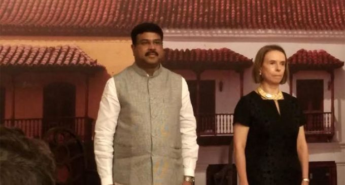 Minister of State for Petroleum & Natural Gas, Shri Dharmendra Pradhan at the National Day of Colombia with H.E. with Ambassador of Colombia in India H.E. Mrs. Monica Lanzetta Mutis