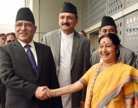 PM of Nepal, Pushpa Kamal Dahal being received by the Union Minister for External Affairs, Sushma Swaraj