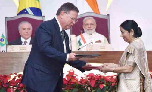 Prime Minister, Narendra Modi and the President of Brazil, Michel Temer witnessing the exchange of agreements between India and Brazil