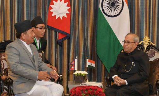 The Vice President of Nepal, Nanda Bahadur Pun calling on the President, Pranab Mukherjee, at Kathmandu,