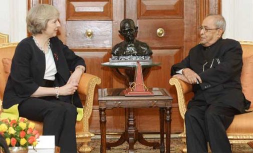 Prime Minister of United Kingdom, Theresa May calling on the President, Pranab Mukherjee, at Rashtrapati Bhawan