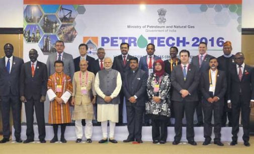 Prime Minister, Narendra Modi in a group photograph at the PETROTECH-2016: 12th International Oil & Gas Conference and Exhibition