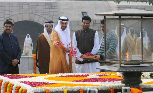 The Crown Prince of Abu Dhabi, Deputy Supreme Commander of U.A.E. Armed Forces, General Sheikh Mohammed Bin Zayed Al Nahyan paying floral tributes at the Samadhi of Mahatma Gandhi,