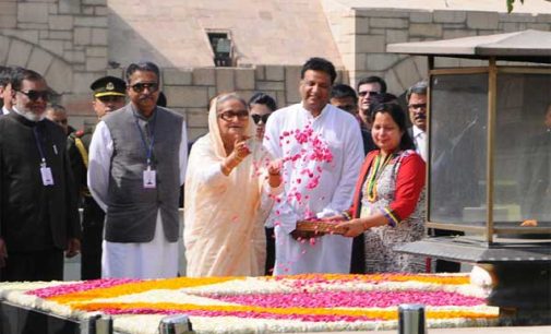 Prime Minister of Bangladesh, Sheikh Hasina paying floral tributes at the Samadhi of Mahatma Gandhi,