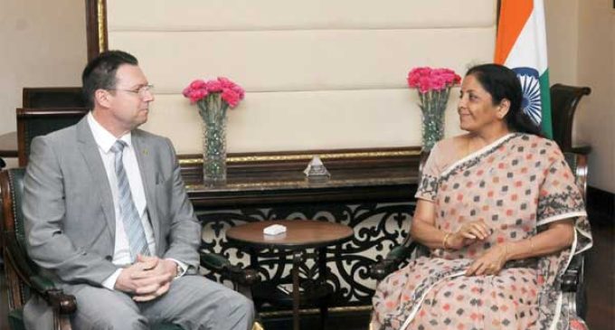 Secretary of State (Deputy Minister) for Commerce, Minister of Business Environment, Commerce and Entrepreneurship, Romania, Cristian Dima meeting the MoS for Commerce & Industry (IC), Nirmala Sitharaman