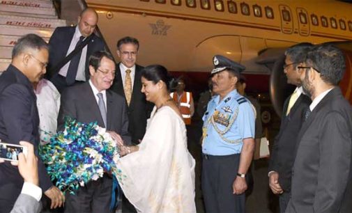 President of the Republic of Cyprus, Nicos Anastasiades being received by the MoS for Health & Family Welfare, Anupriya Patel,