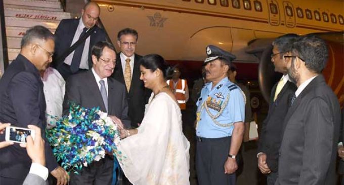President of the Republic of Cyprus, Nicos Anastasiades being received by the MoS for Health & Family Welfare, Anupriya Patel,