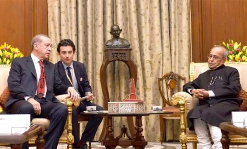 President of the Republic of Turkey, Recep Tayyip Erdogan meeting the President, Pranab Mukherjee
