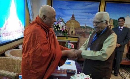 Uttar Pradesh Governor, Ram Naik being greeted by world renowned Buddhist Scholar at International meet at Myanmar