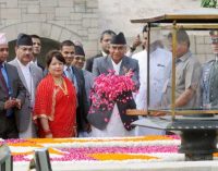 Prime Minister of Nepal, Sher Bahadur Deuba paying floral tributes at the Samadhi of Mahatma Gandhi, at Rajghat