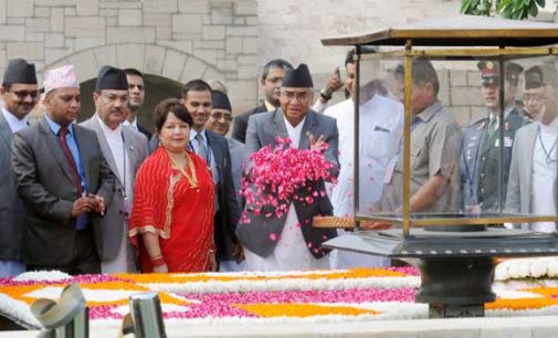 Prime Minister of Nepal, Sher Bahadur Deuba paying floral tributes at the Samadhi of Mahatma Gandhi, at Rajghat